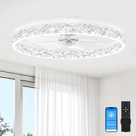 Fandelier Ceiling Fans with Light, 23.6in Low Profile Ceiling Fan with Light and Remote, 3000K-6500K Dimmable Bladeless Ceiling Fan Flush Mount, White Modern Ceiling Fans for Bedroom