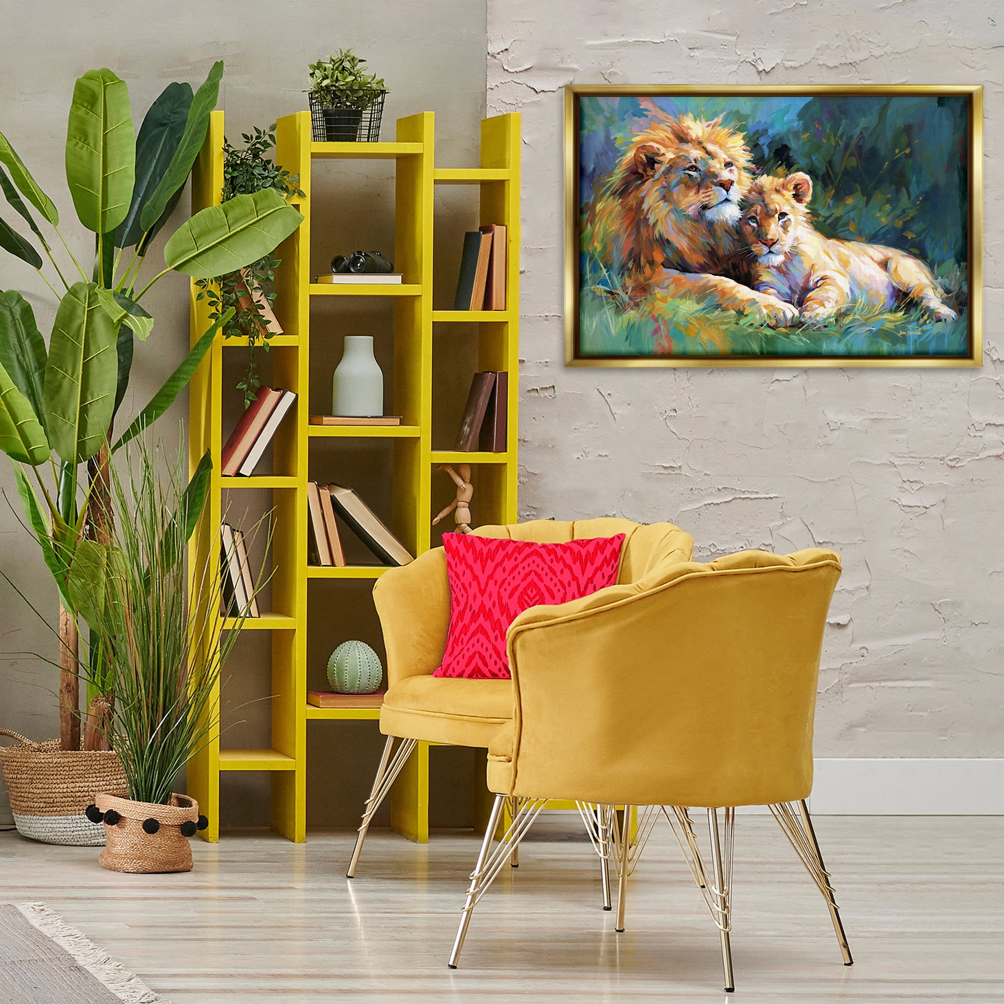 Stupell Industries Lion's Embrace Portrait Animals & Insects Painting Gold Floater Framed Canvas Art Print Wall Art, 31 x 21