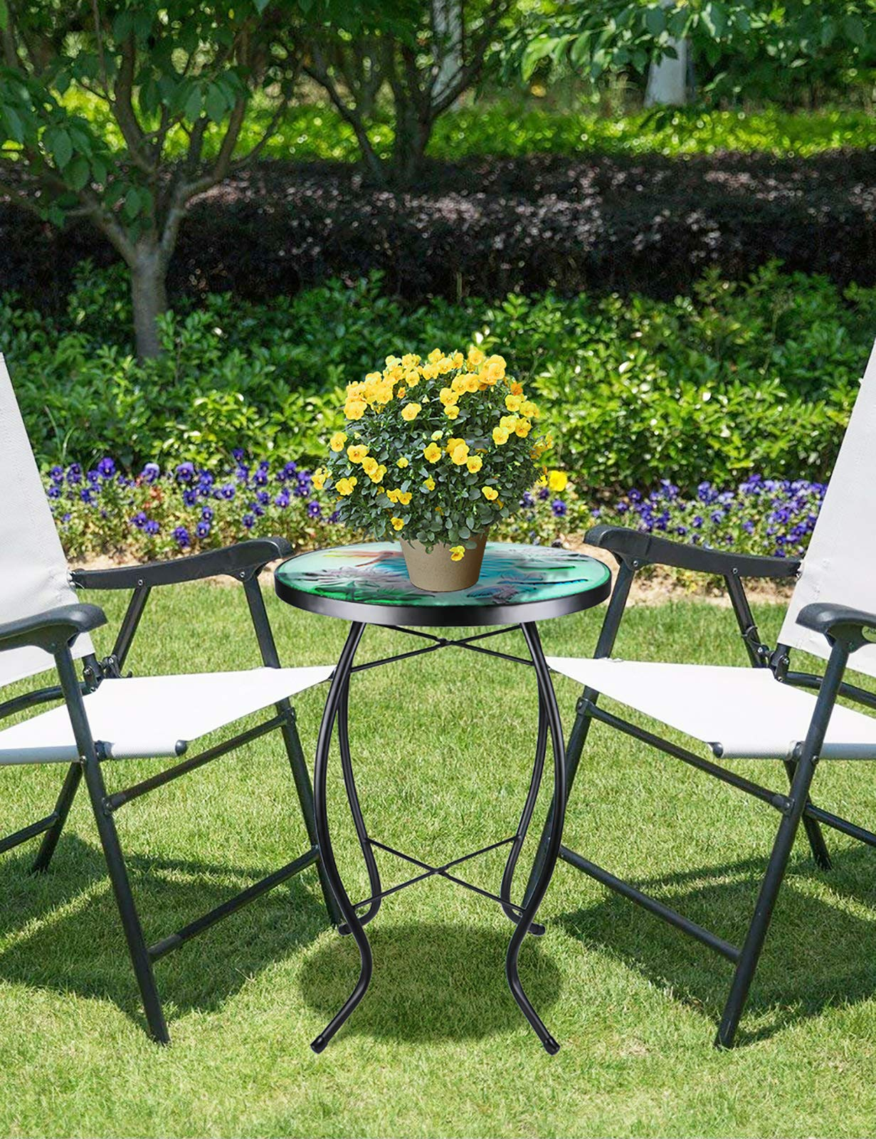 Mosaic Patio Side Table Outdoor Accent Table Bistro Coffee Table Plant End Table Small Porch Table Indoor Round Glass Balcony Hummingbird Plant Table Stands