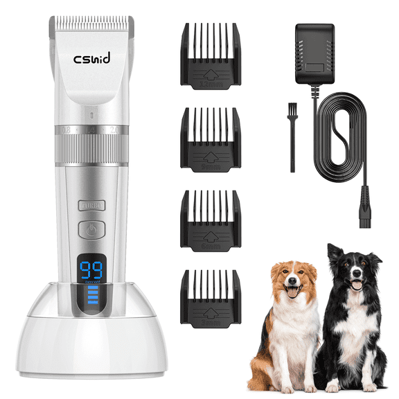 Dog Clippers with Charging Base, Professional LED Display Dog Heavy Duty Grooming Kit, 4 Speed Low Noise High Power Rechargeable Cordless Pet Tools for Small Large Dogs Cats with Thick Coats, White