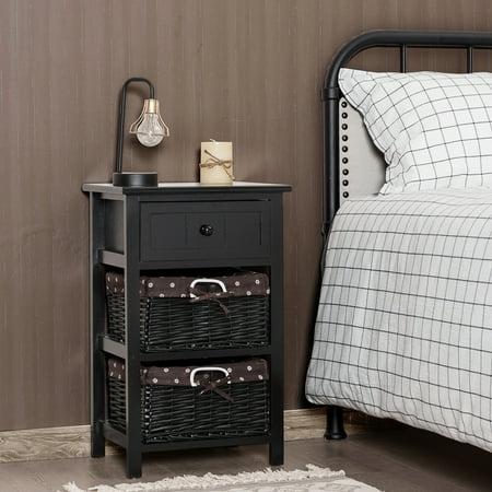 Costway Night Stand 3 Layer 1 Drawer Bedside End Table Organizer Wood W 2 Basket Black Walmart Canada