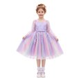 thumbnail image 4 of IBTOM CASTLE Girls Princess Long Sleeve Rainbow Party Tulle Dress 3D Flower Ruffle Mesh Dress Pageant Birthday Smocked Back Wedding Flower Girl Dress Purple, 4 of 7
