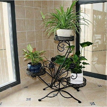 - 3-Tiered Scroll Decorative Metal Garden Patio Standing Plant Flower Pot Rack Display Shelf Holds 3-Flower Pot (Black)