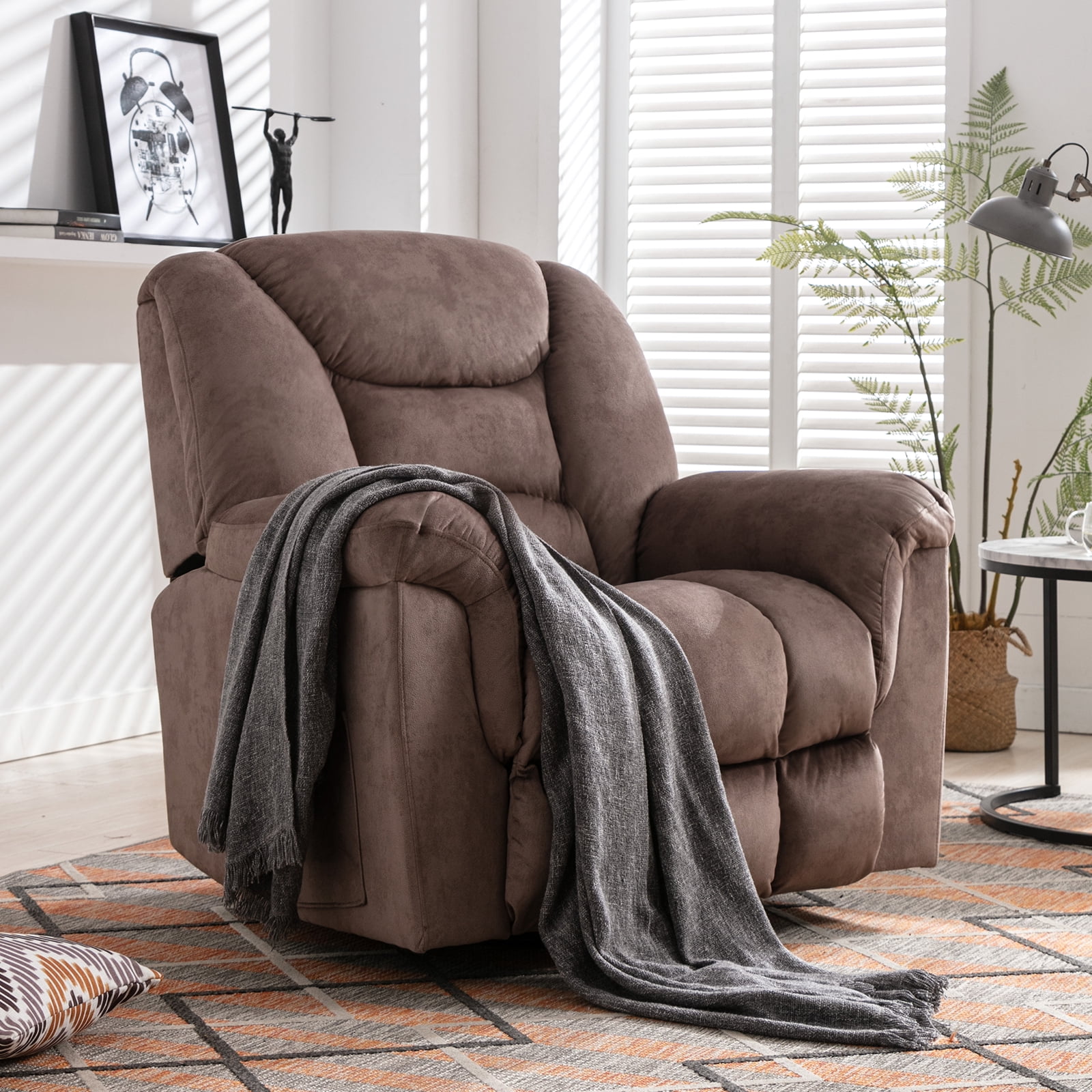 Bonzy Home Manual Swivel Rocker Recliner Chair, Fabric Upholstered Reclining Sofa Chair for Living Room, Brown