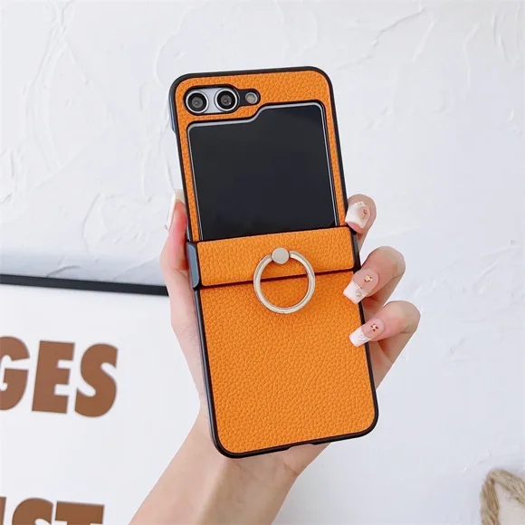 Z Flip 6 Case Fashion Lichee Pattern PU Leather Ring Holder Case for Samsung Galaxy Z Flip 6 5 4 3 ZFlip 6 Flip6 Hinge Cover Orange for Samsung Z Flip 5