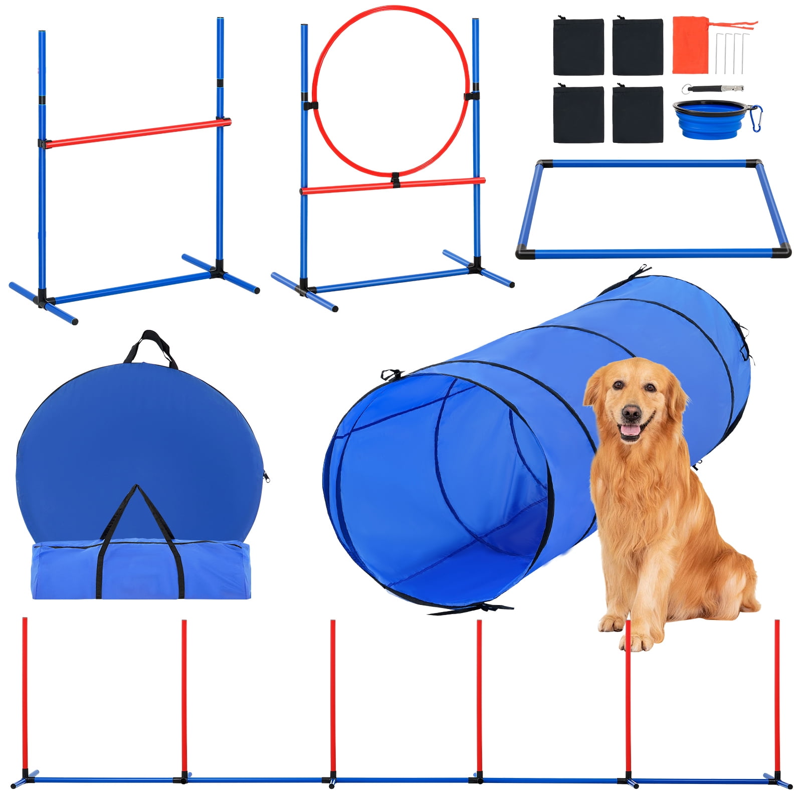 KFFKFF Canine Agility Prep Kit, Includes 5 Items: Variable Height Barriers, 6 Slalom Poles, Play Tunnel, Hoop Jump, Resting Square, Whistle, Collapsible Dish, & Carrying Cases for Easy Storage