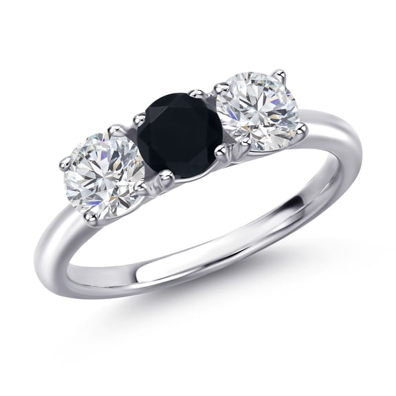 Gem Stone King 925 Sterling Silver Black Onyx and Lab Grown Diamond Engagement Ring for Women | 1.48 Cttw | Round 5MM | Gemstone December Birthstone | Size 8