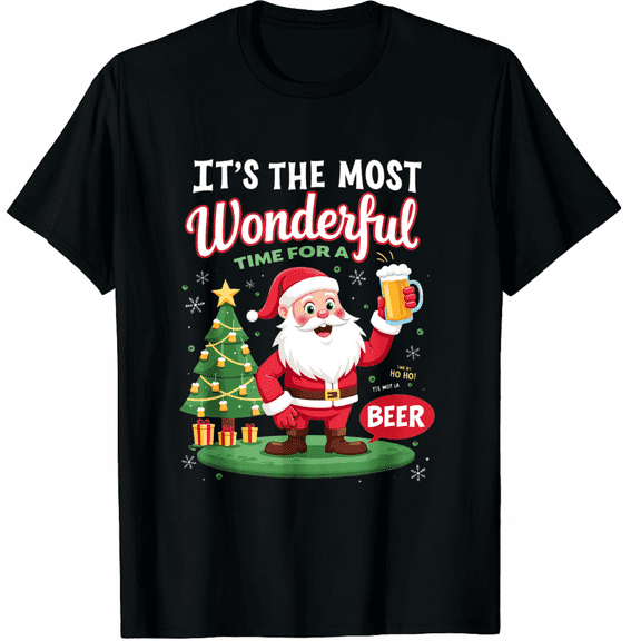 Funny Christmas Santa Claus Drinking Beer Wonderful Time T-Shirt for Adults Men and Women