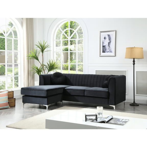 Modern Velvet Chaise Sofa Channel Tufted Living Room Couch with Pillows & Chrome Legs - 75 Inch