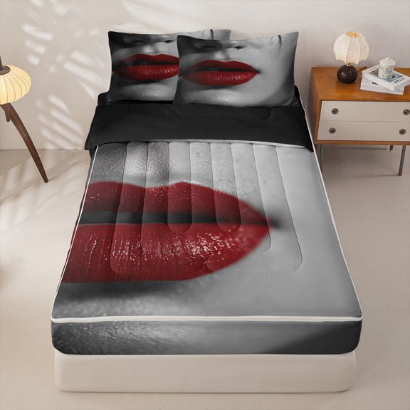 Homewish Western Princess Zipper Twin Comforter Sets with Fitted Sheet and 2 Pillowcases, Fashion Girl Zipper Bedding Set, Black Reversible, 4pcs