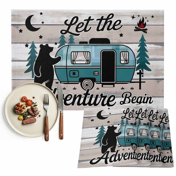 Placemats Set of 4, Camper Van Bear Place Mats Let The Adventure Begin Wood Grain Moon Tablemats Placemat Table Decoration for Kitchen Table Dinner Party Home Decor Indoor Outdoor 13x19 Inch