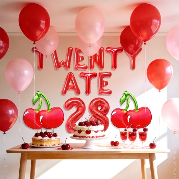 28th Birthday Decorations Set - TWENTY ATE Theme with Cherry Balloons for Sweet Retro Party Celebrations