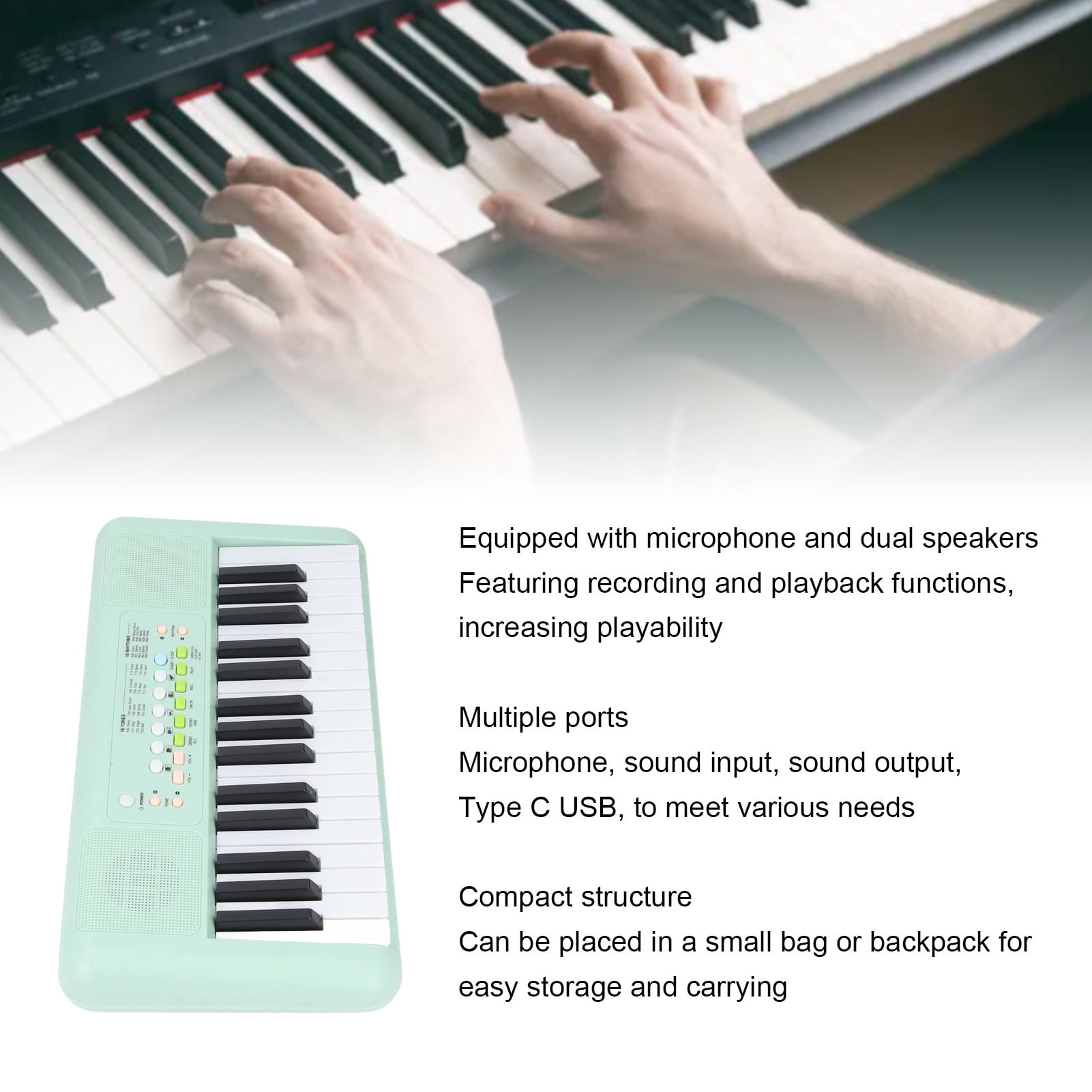 YAHHU 32 Key Electronic Keyboard Piano with Microphone 16 Tones 10 Rhythms Dual Speakers Battery Powered for Beginners Kids Avocado Green (17.32 inches / 44 cm)