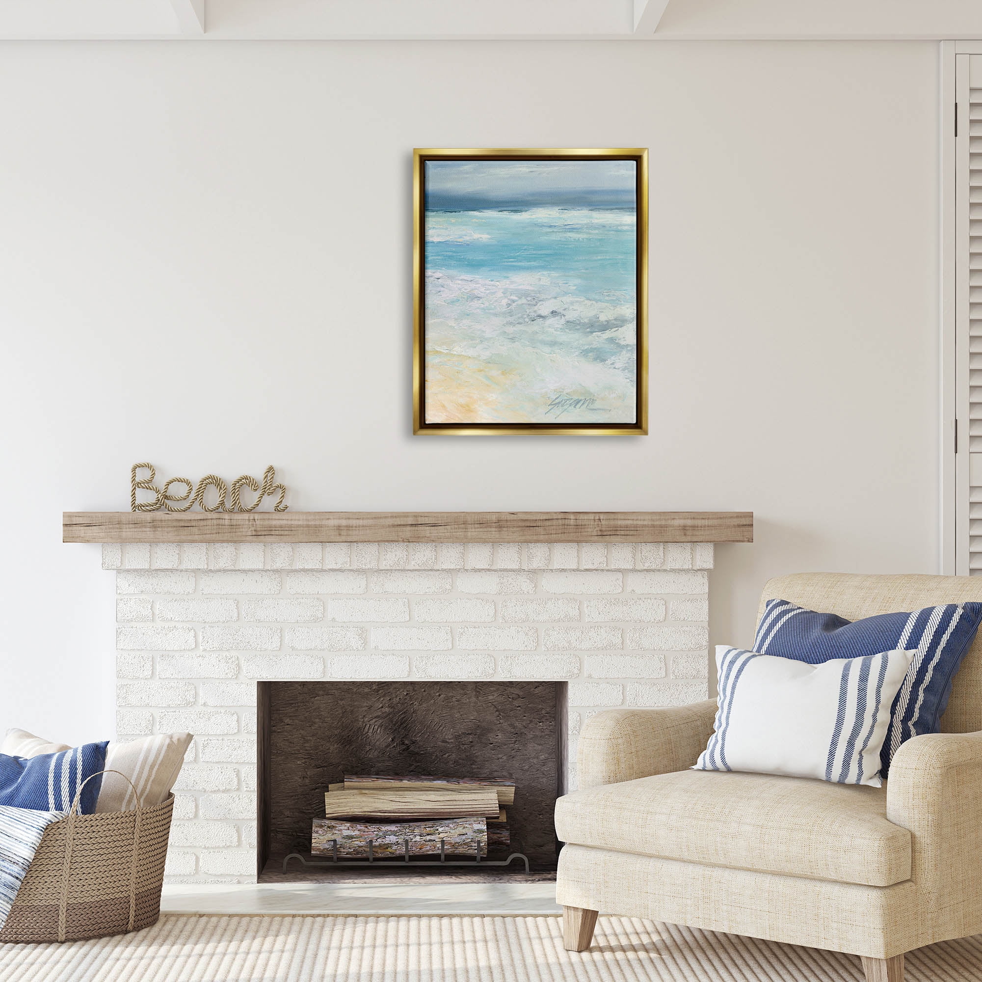 Stupell Industries Modern Beach Waves Abstract Shore Coastal Painting Gold Floater Framed Art Print Wall Art