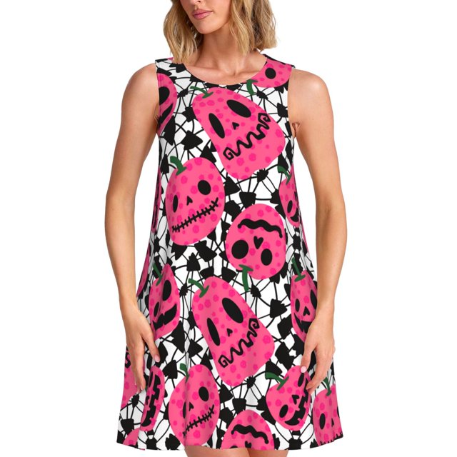 Xecao Citrouilles d'Halloween pour Robes d'Été pour Femmes Robes Décontractées de Plage Robes de Plage Sans Manches T-Shirt Robe Évasée avec Poches