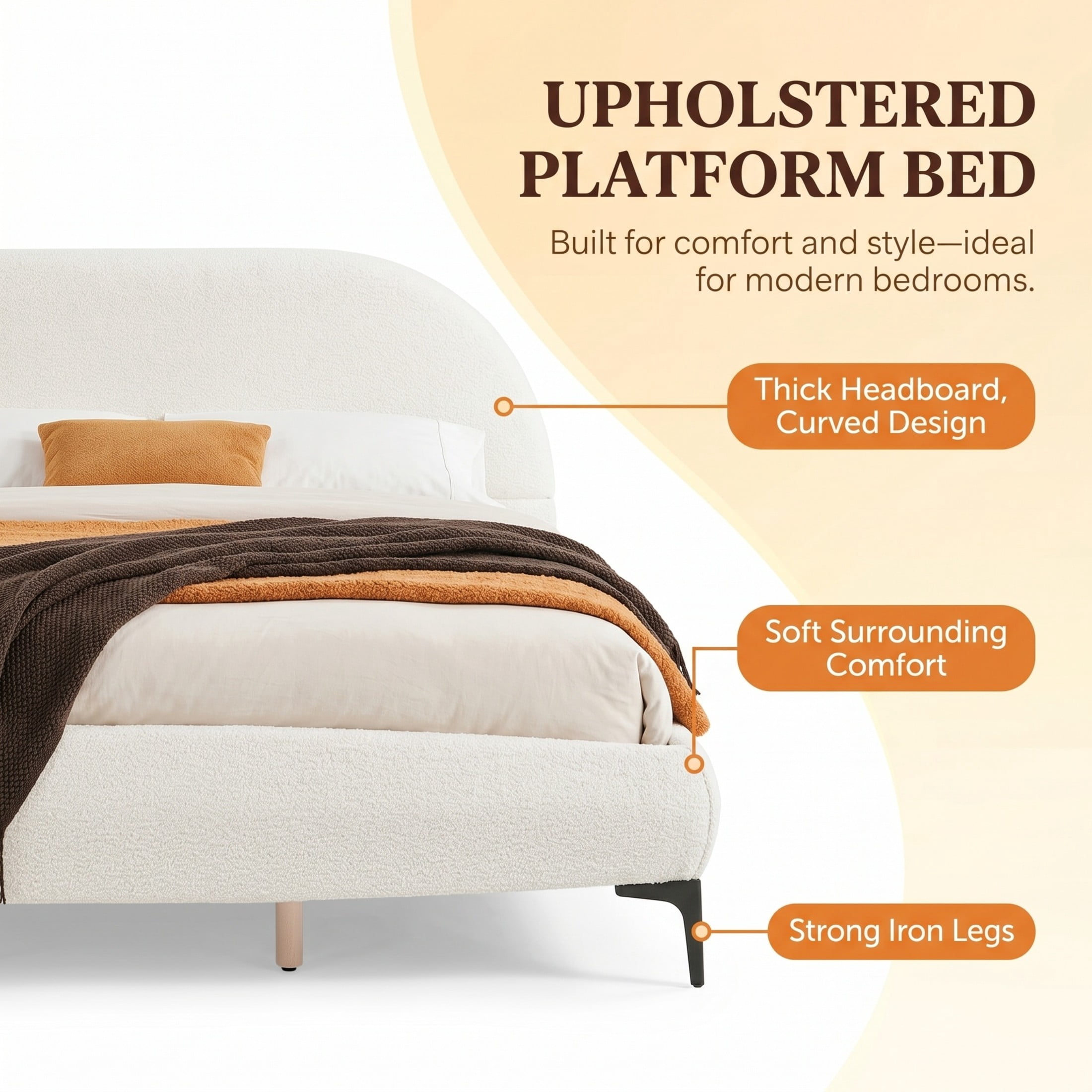 Christopher Knight Home California King Bouclé Upholstered Bed Frame with Curved Headboard, Cream White