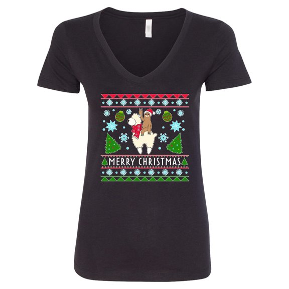 Inktastic Merry Christmas Sloth and Llama Ugly Sweater Style Women's V-Neck T-Shirt