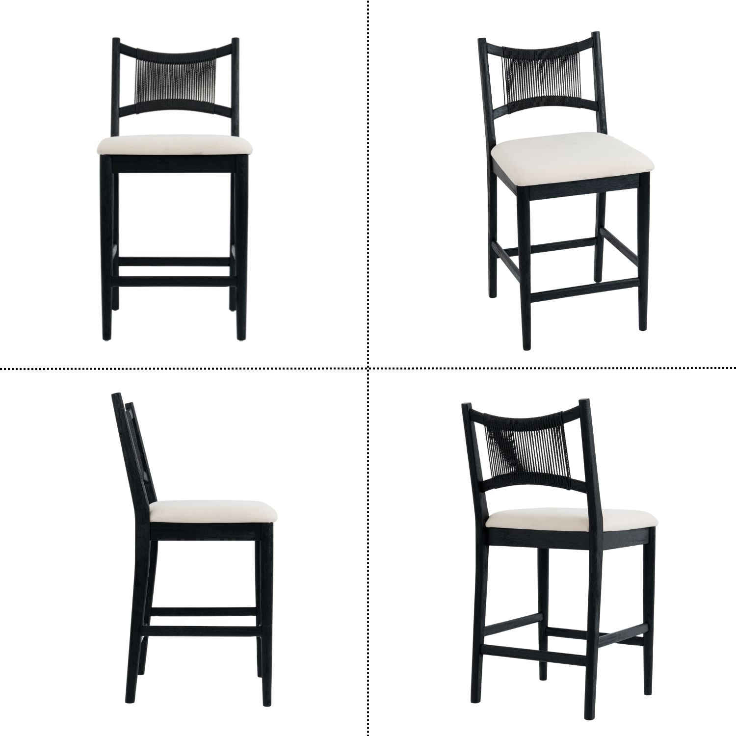 Dayalane Farmhouse Bar Stools Set of 4, 25.5" Counter Height Bar Stools with Paper Cord Woven Back and Solid Wood Frame, Chenille Upholstered Kitchen Island Chairs for Dining Room Home Bar, Black
