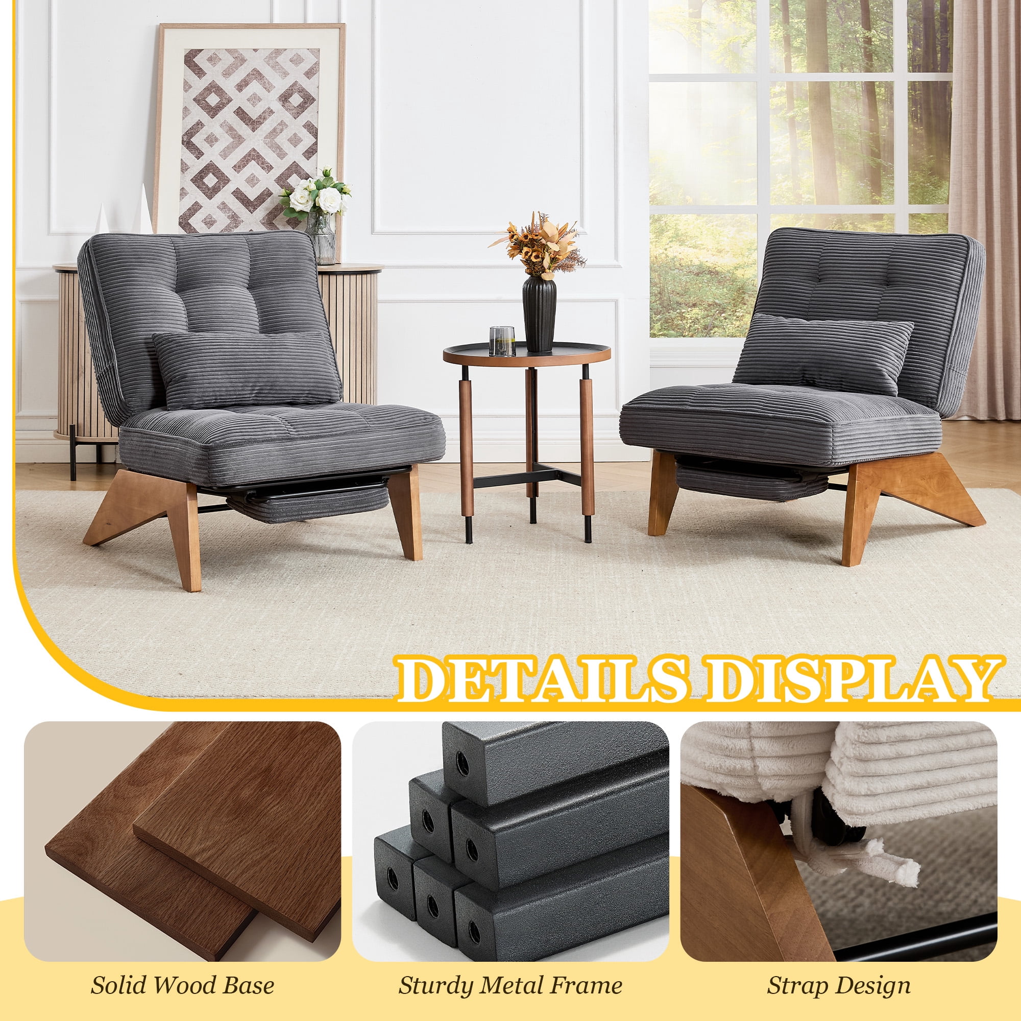MOONMISS Modern Adjustable Lounge Chair with Footrest,Wooden Base Upholstered Recliner for Reading Rest Corduroy