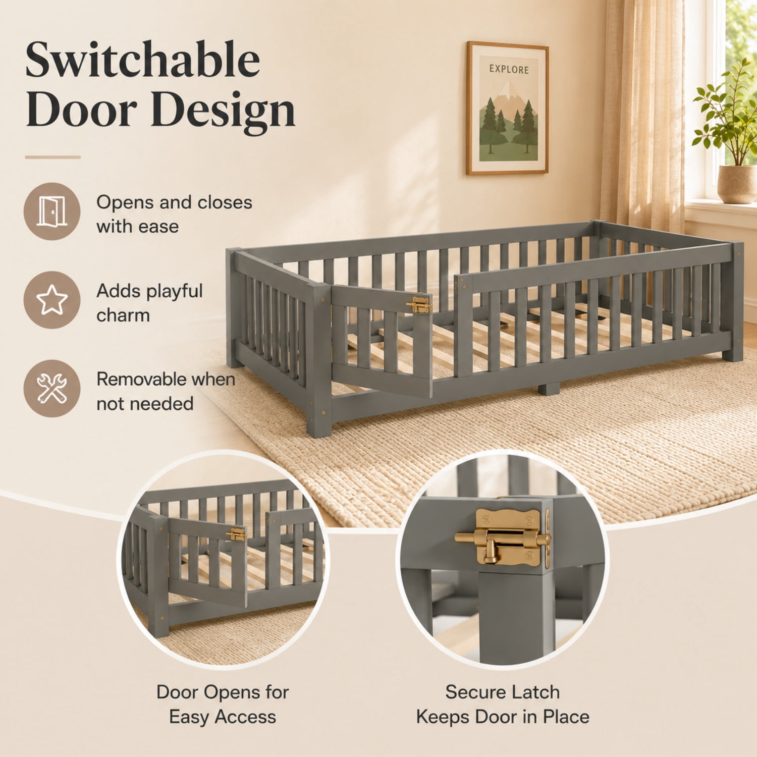 Miniyam Twin Floor Bed for Kids – Low Profile Wood Bed Frame with Rails, Gray