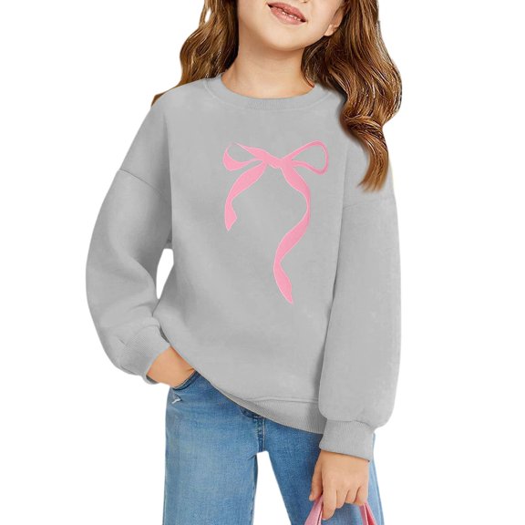 LNZGNM Toddlers Sweat Shirts 2-3Y Bow Soft Fleece Pullover Casual Crew Neck Long Sleeve Top Cotton Blend Winter Drop Shoulder Clothes for School and Play, Light Gray, 2-3Y