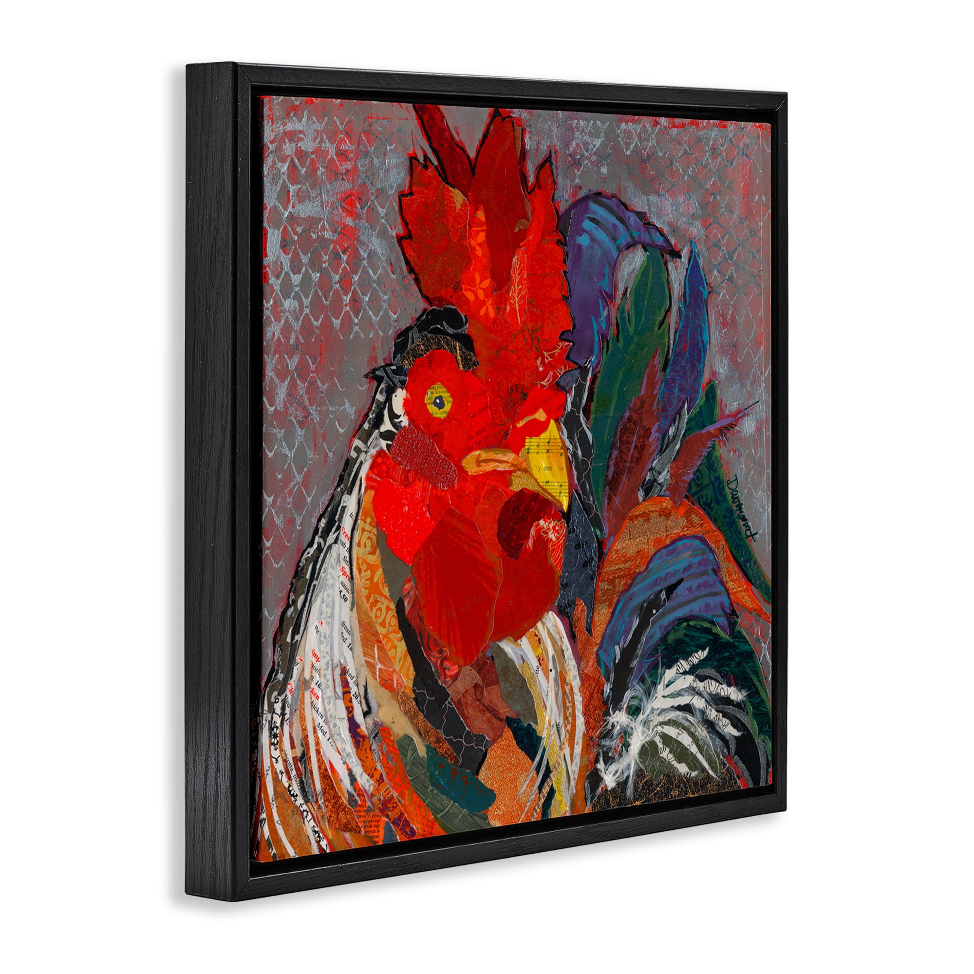 Stupell Industries Patterned Collage Rooster Animals Painting Black Floater Framed Canvas Art Print Wall Art, 18 x 18