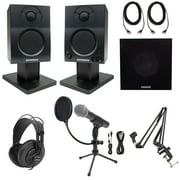 2) Samson 3" Podcasting Podcast Recording Monitors+Stands+Sub+Headphones+USB Mic