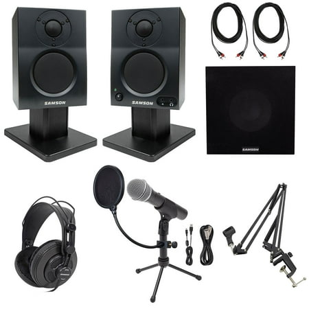 2) Samson 3" Podcasting Podcast Recording Monitors+Stands+Sub+Headphones+USB Mic
