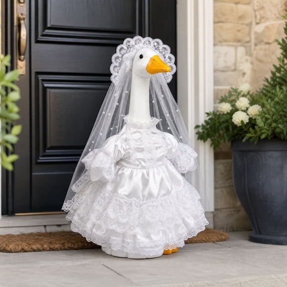 Porch Goose Wedding Dress,Christmas Porch Goose Outfit,Wedding Porch Goose Outfit- White Satin Bride Dress with Lace Trim & Veil, Costume for 23" Lawn Goose Statue, Perfect for Wedding(White 10in)