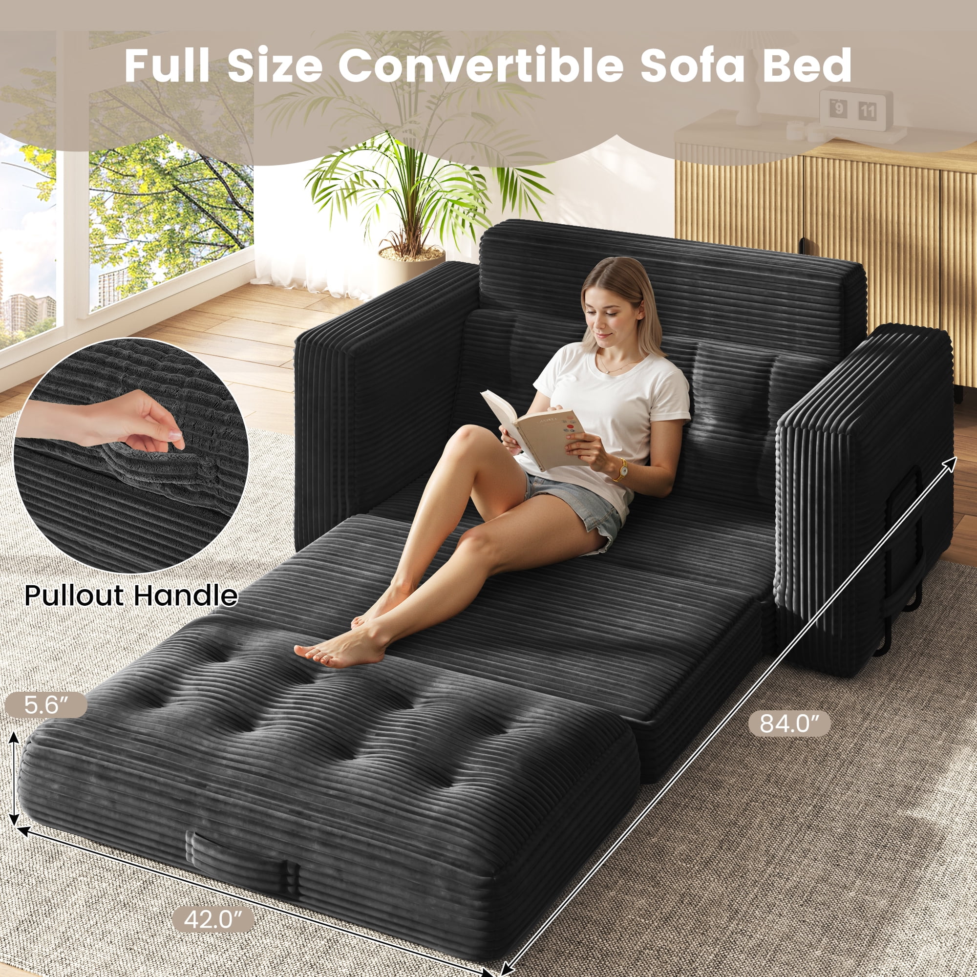 Erinnyees 2-in-1 Sleeper Sofa, No Assembly Corduroy Loveseat, Converts to Bed with Deep Seat & 2 Included Pillows