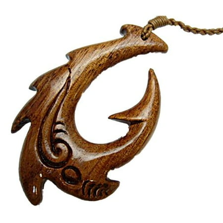- Hawaiian Koa Wood X-Large Maku Fish Hook Pendant Necklace Choker Adjustable 14-28