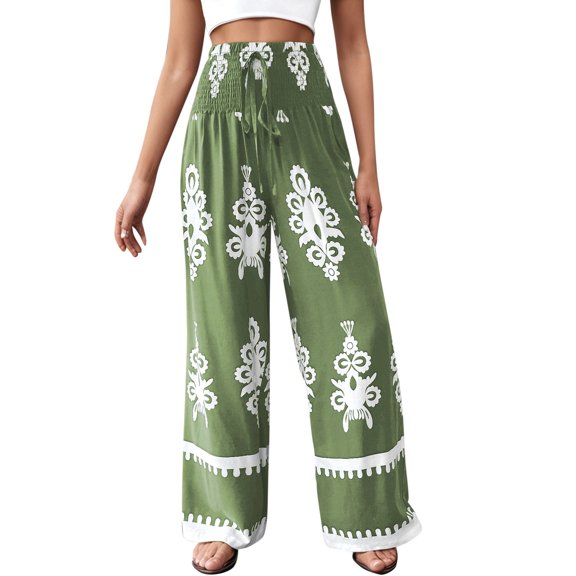 DHFJKG Boho Pants Women High Waisted Wide Leg Casual Drawstring Ethnic Style Printed Flowy Palazzo Summer Beach Vacation Clothes Stylish Trousers