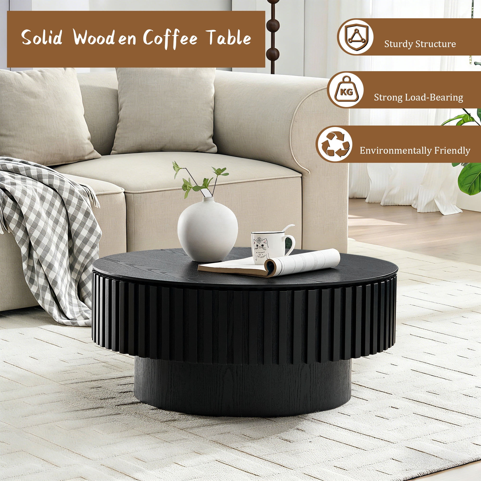 FFH 31.5" Round Coffee Table with Storage, Small Wood Coffee Table with Sturdy Pedestal for Living Room, Apartment, Black