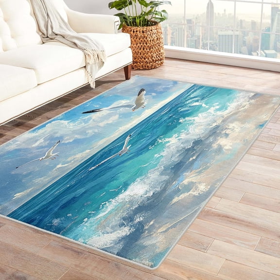 Coastal Beach Area Rugs, Ocean Wave Seagull Carpet, Washable Non Slip Low Pile Soft Rug for Bedroom Living Room Decor Mat 2x3ft
