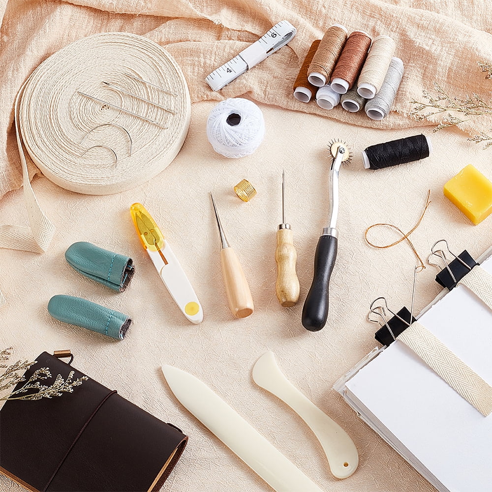 Book Binding Tool Kits Bookbinding Starter Tools Set with Needles Scissor Awl Tracing Wheel Tape Measure Thimble Cotton Threads Ribbon