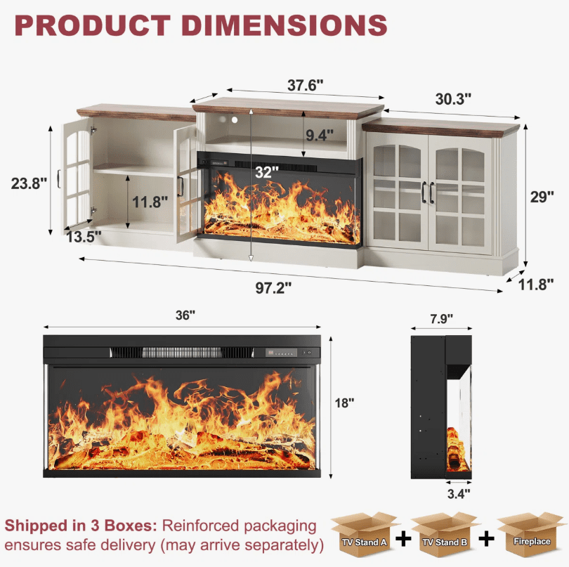 Easoger 97" TV Stand with Electric Fireplace, 3-Sided Glass Display Media Console for Over 100" TVs, Large Storage with Glass Doors & Shelves, LED Backlight, White + Light Walnut