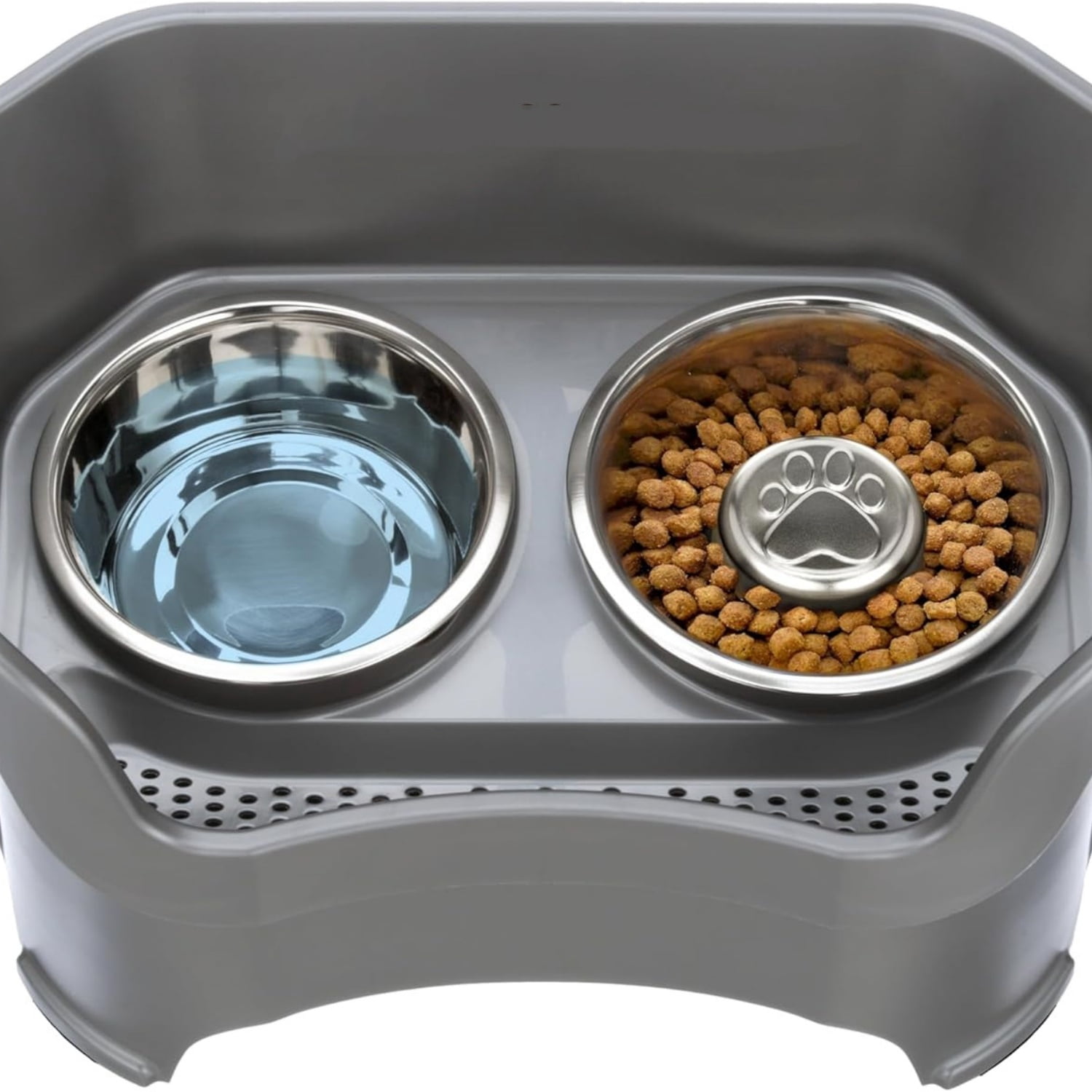 Deluxe Mess Proof Dog Bowls Elevated for Large Breeds – No Spill Raised Slow Feeder Elevated Dog Bowl Stand, Stainless Steel Food and Water Bowl Set, Grey