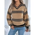 thumbnail image 2 of Womens Oversized Striped Tunic Sweaters Casual V Neck Long Sleeve Color Block Knit Pullover Jumper Tops Khaki S, 2 of 8