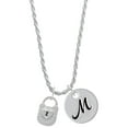 thumbnail image 1 of Delight Jewelry Silvertone Hammered Lock with Heart and Clear Crystals Silvertone Script Initial Disc - M - Charm Necklace, 20"+3", 1 of 4