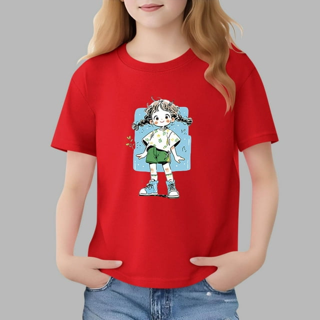 Blusas y camisas de manga corta con cuello redondo para niños Camiseta de verano de manga corta estampada para niñas Jersey elegante de cuello redondo para niñas Top de algodón para niños