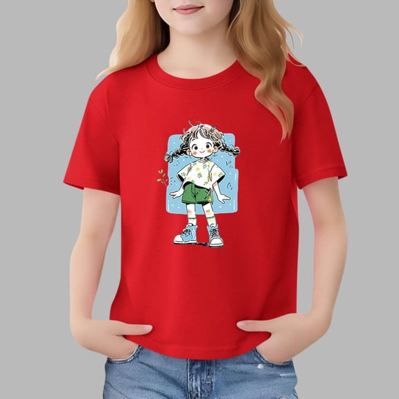 Spazoro Girls T-Shirts Tee, Crew Neck 100%Cotton Cute Print Short Sleeve Casual Tops for Kids Red Size 2