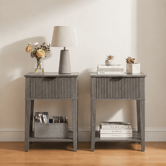 VITALOOM 2 Pack Weathered Gray Nightstand, Fluted Drawer Bedside Table with Shelf, Modern Storage End Table