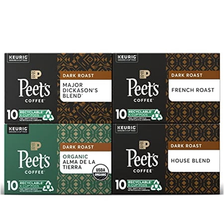 Peet's Coffee, Dark Roast Variety Pack - 40 K-Cup Pods for Keurig Brewers (4 Boxes of 10 K-Cup Pods), Major Dickason's Blend, French Roast, Organic Alma De La Tierra, House Blend