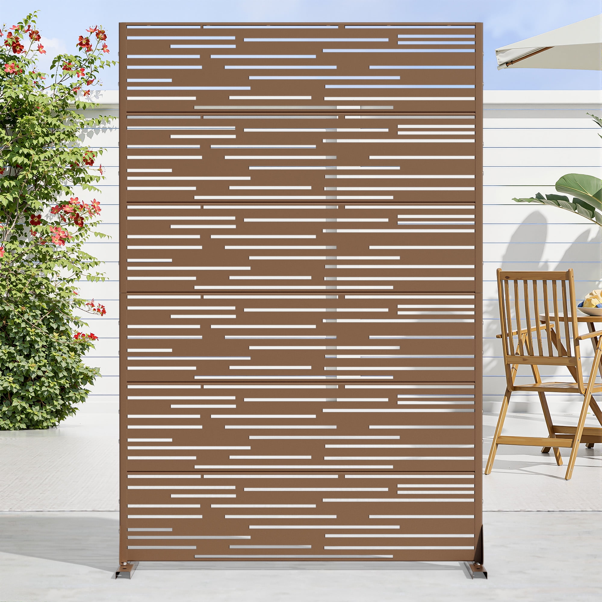 MAYEERTY 72 × 47in Outdoor Privacy Screen with Stand Metal Balcony Decorative Screen, Brown
