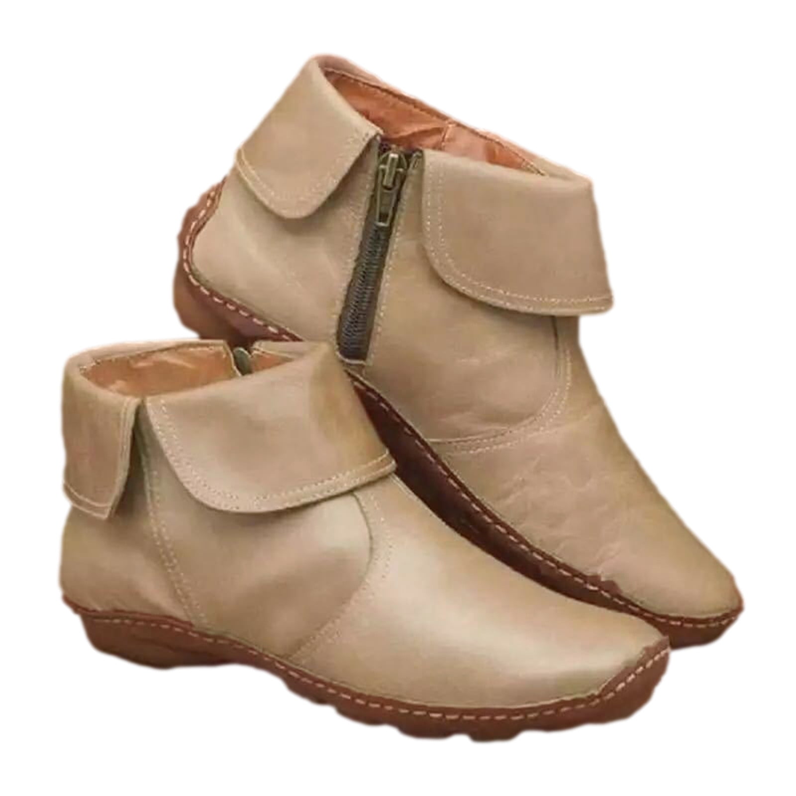 Bottines Plates Femme En Cuir Synthétique - Fermeture éclair Latérale, Style Vintage - 8