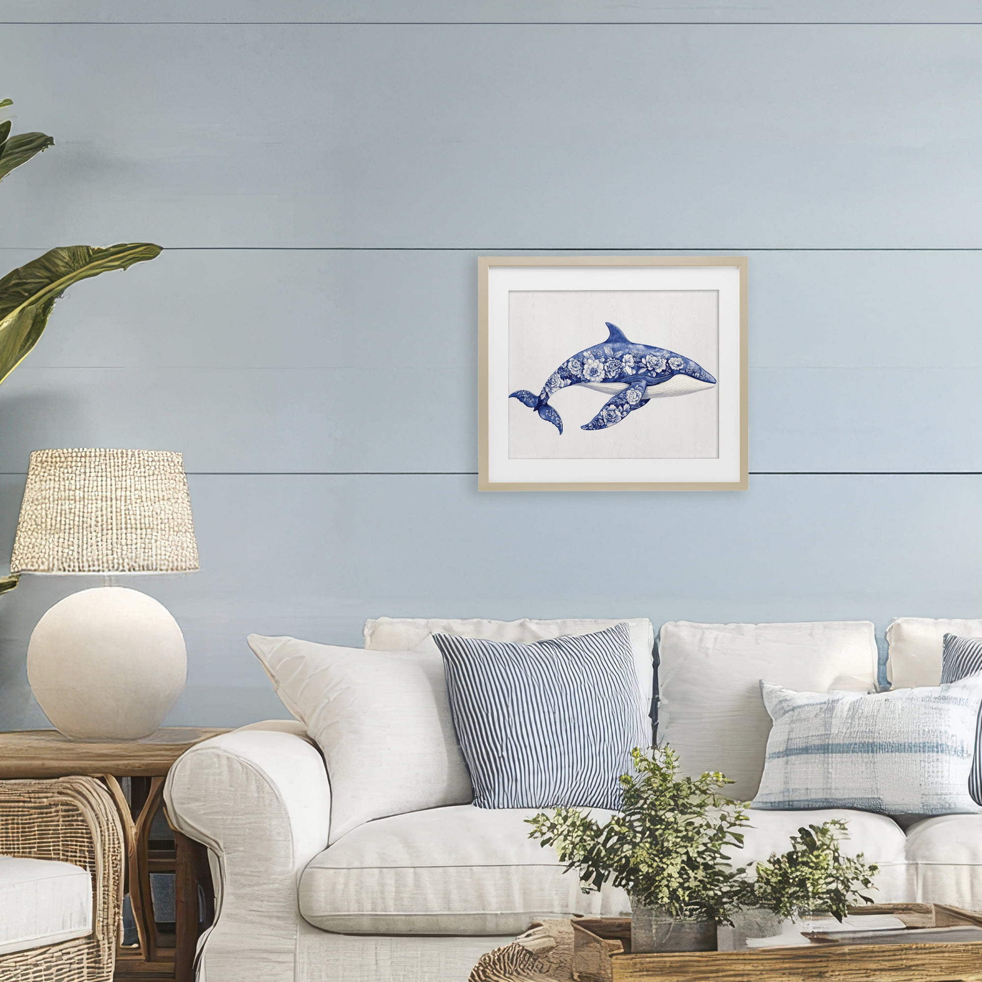 Floral Toile Whale Birch Framed Print Under Glass, design by Lettered and Lined