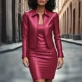 thumbnail image 6 of FRSASU Women Faux Leather Business Dress Suit Sets 2 Piece Work office Fashion Outfits Cropped PU Cardigan Bodycon Dress Set Red, 6 of 7