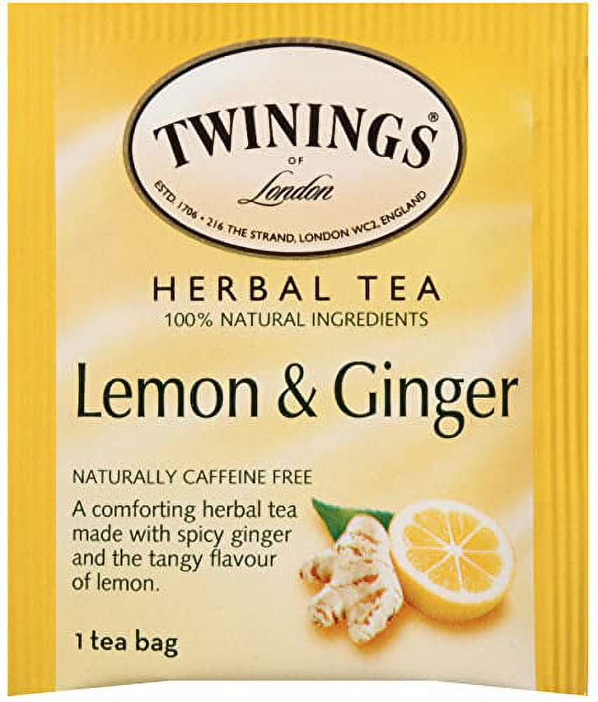 Twinings Lemon & Ginger Herbal Tea, 100 Individually Wrapped Tea Bags, Tangy Lemon, Spicy Ginger, Naturally Caffeine Free