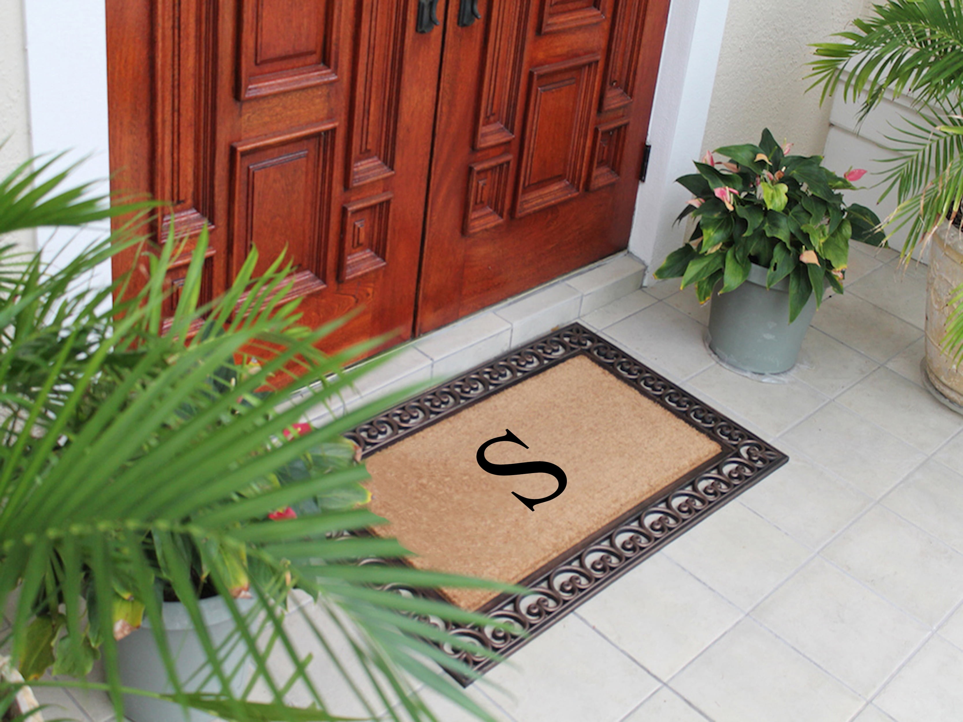 A1HC First Impression Natural Brown Rubber And Coir Classic Paisley Border Extra-large Double door Monogrammed Doormat - 30" x 48"