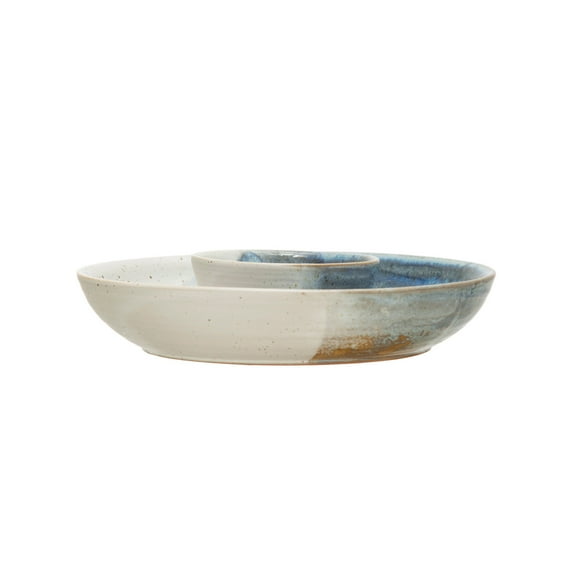 Bloomingville Hand-Painted Stoneware Chip and Dip, Reactive Glaze, Cream Color and Blue (Each One Will Vary)